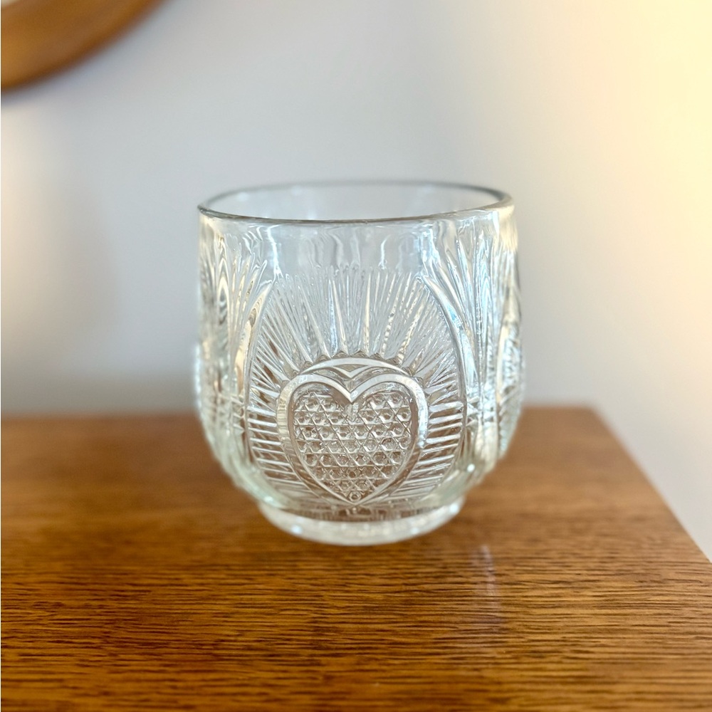 Clear Glass Heart Patterned Vase or Candle Holder